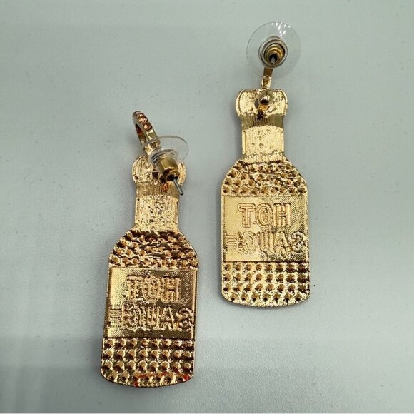 Hot Sauce Bottle Statement Earrings Red and Gold Sparkly Rhinestones - Picture 6 of 9